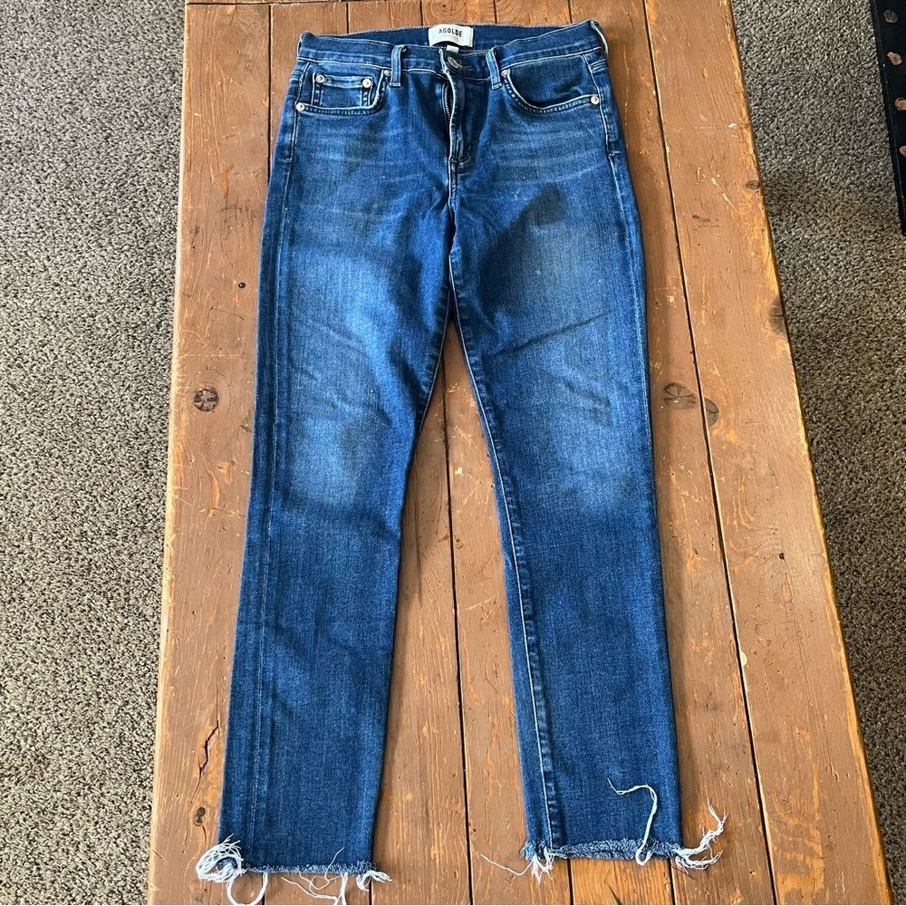 AGOLDE Sophie high-rise crop skinny jeans in a blue wash with a raw hem